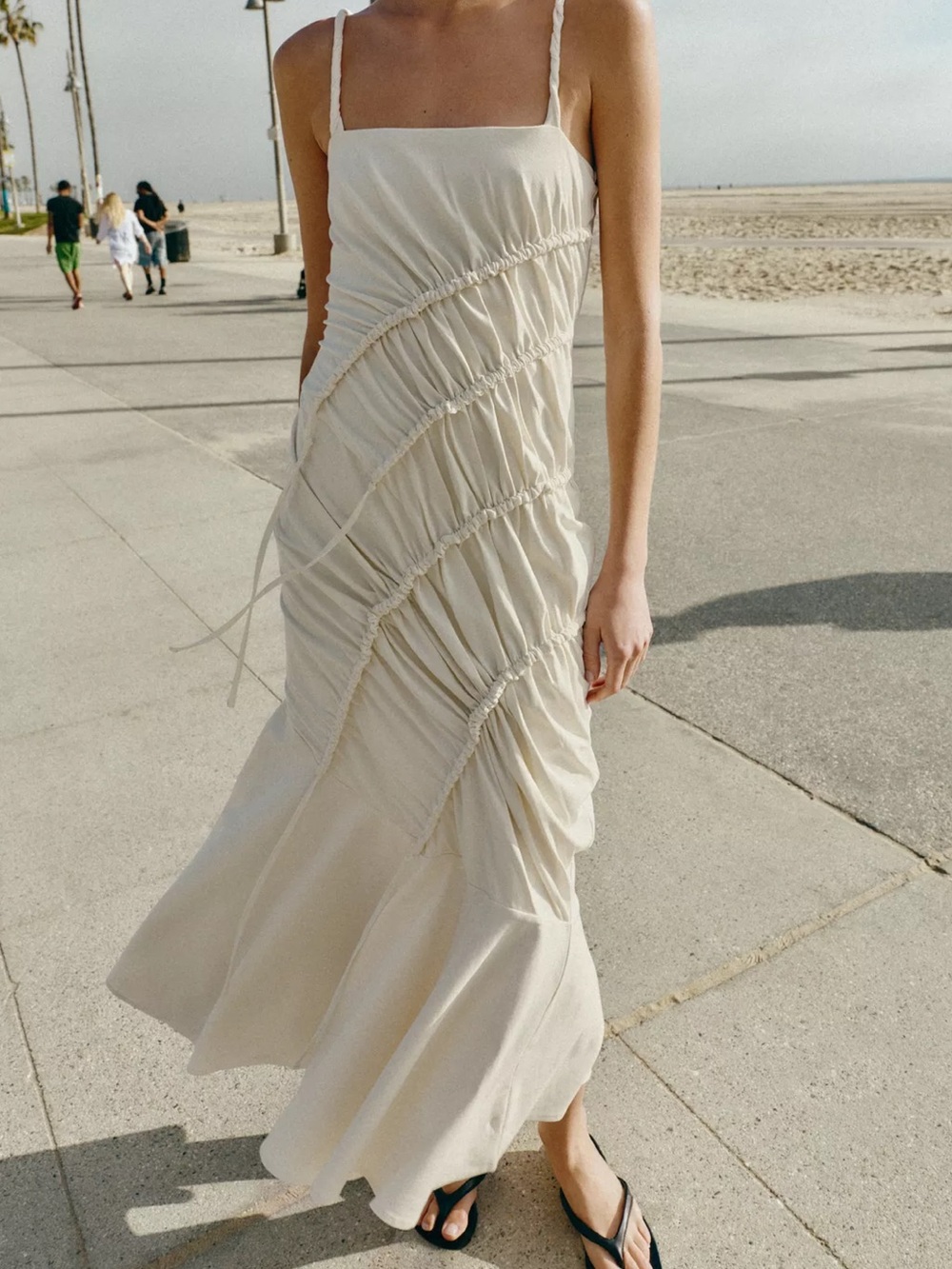Zara Ruched Spaghetti-Strap Midi Dress in Cream - Picture 1 of 5